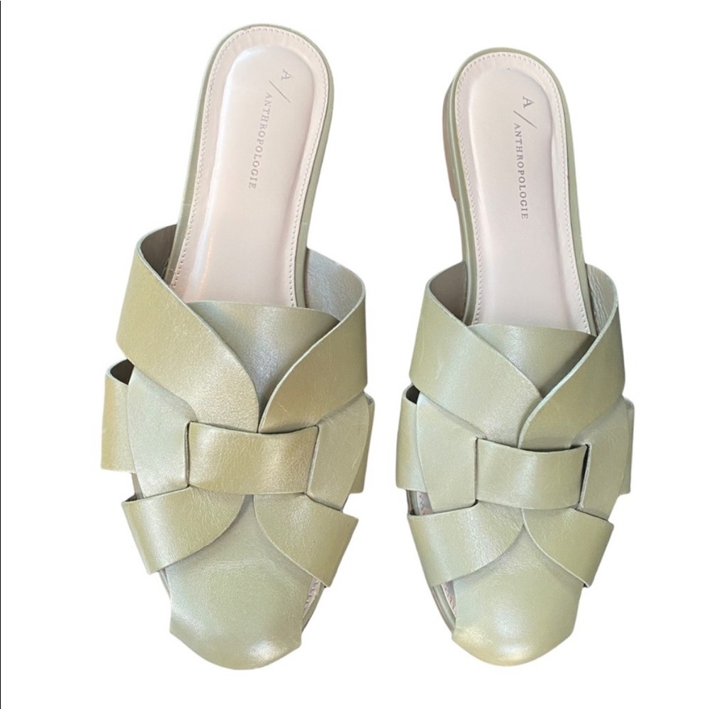 Anthropologie green leather woven mules